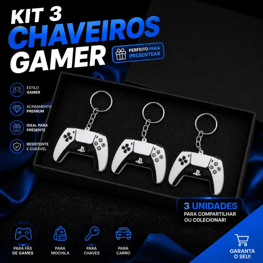 icon arrow left boldicon arrow right bold Compartilhar:  0 Kit 3 Chaveiros Mini Controle PS5 Gamer Geek Presente Criativo
