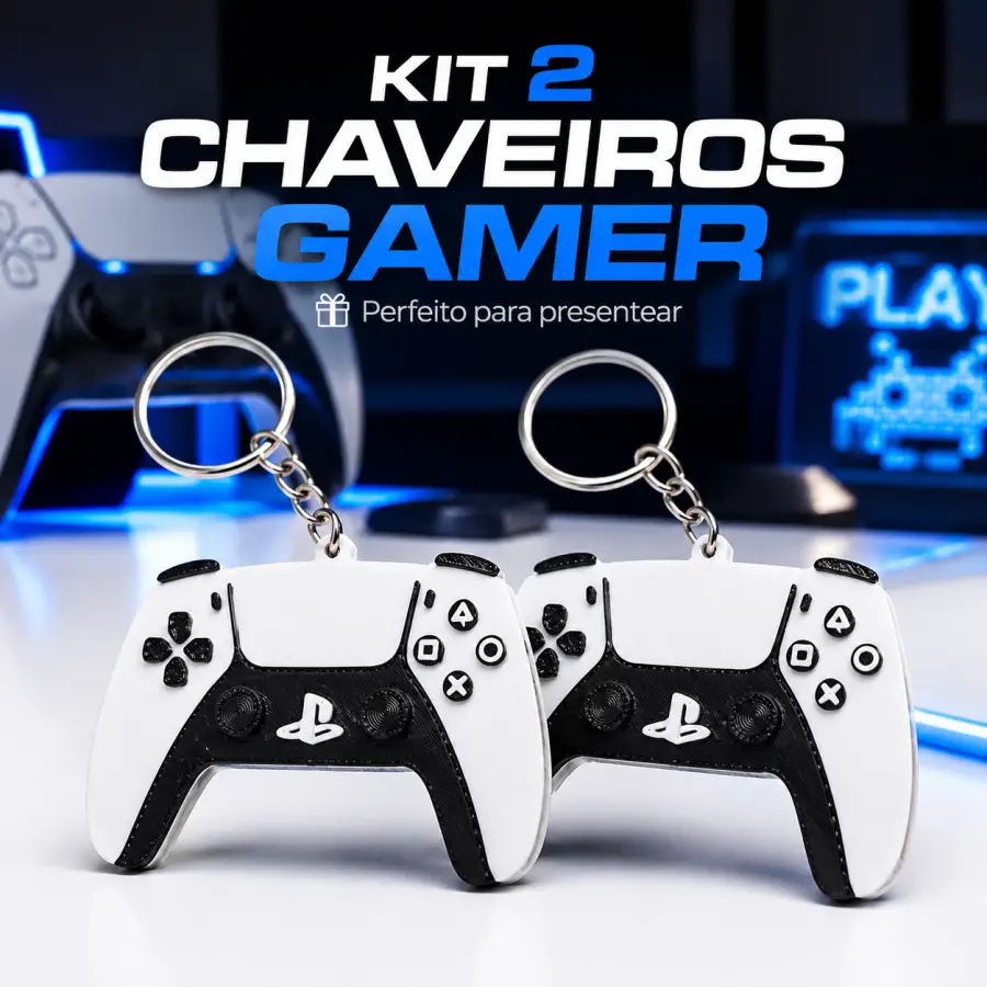 Kit 2 Chaveiros Mini Controle PS5 Gamer Geek Presente Para Fãs de Games